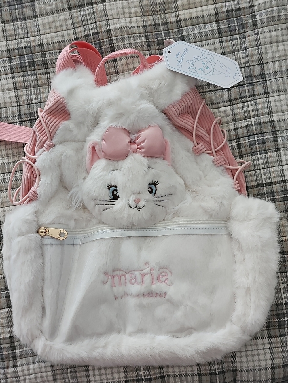 Disney Marie Plush White and Pink Kids Backpack with Bow Accent